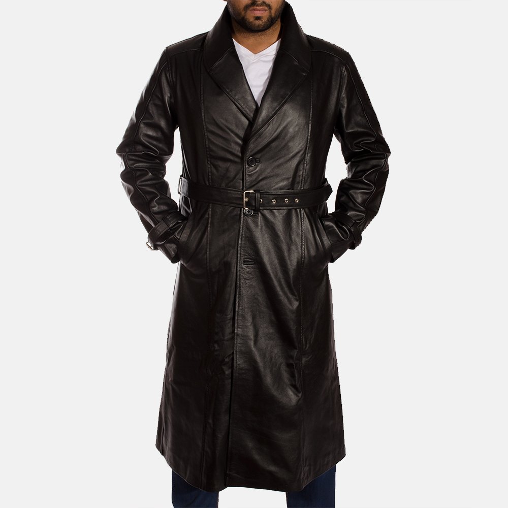 Mens Hooligan Black Leather Trench Coat-1491466003976